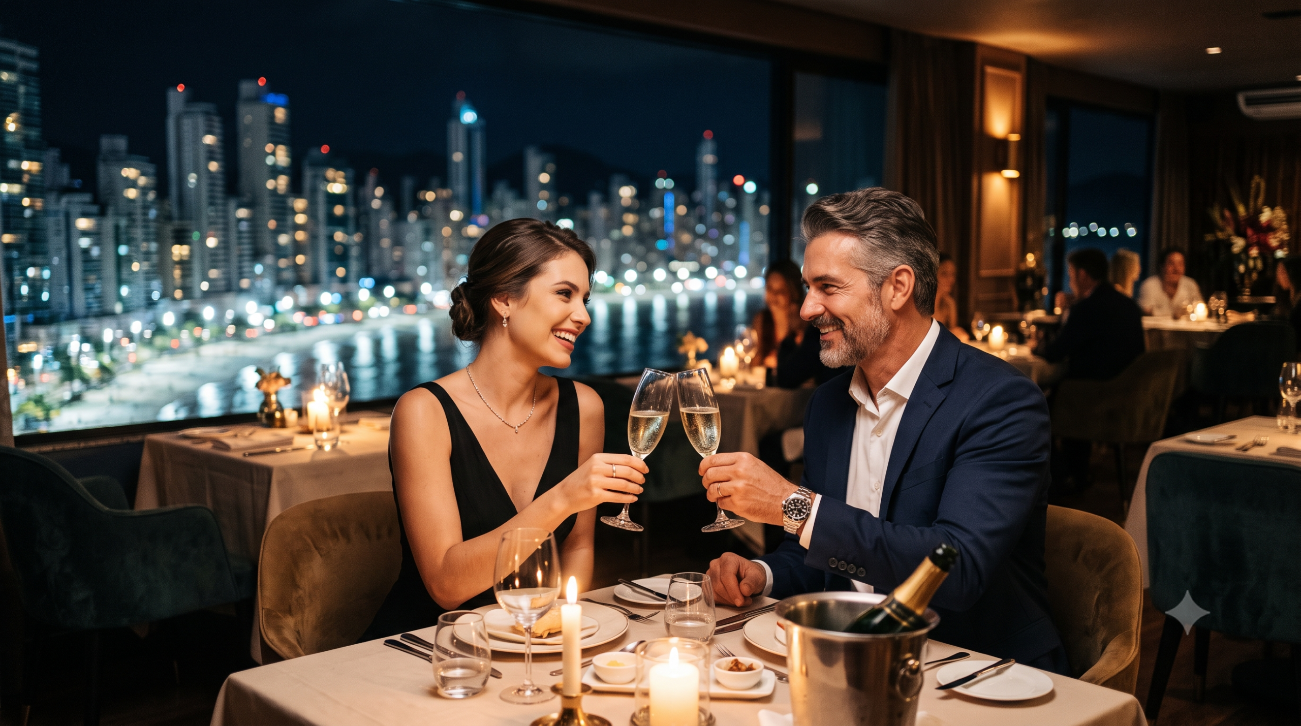 Sugar Daddy e Sugar Baby brindando durante um jantar exclusivo em um restaurante de luxo com vista para a cidade de Salvador.